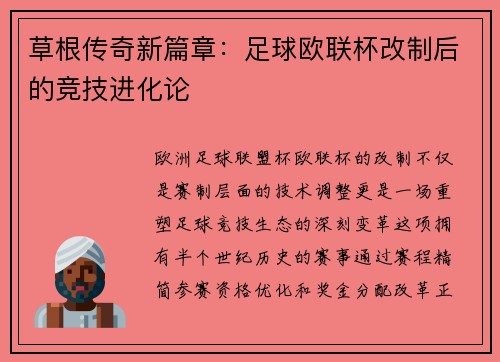 草根传奇新篇章：足球欧联杯改制后的竞技进化论