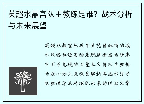 英超水晶宫队主教练是谁？战术分析与未来展望